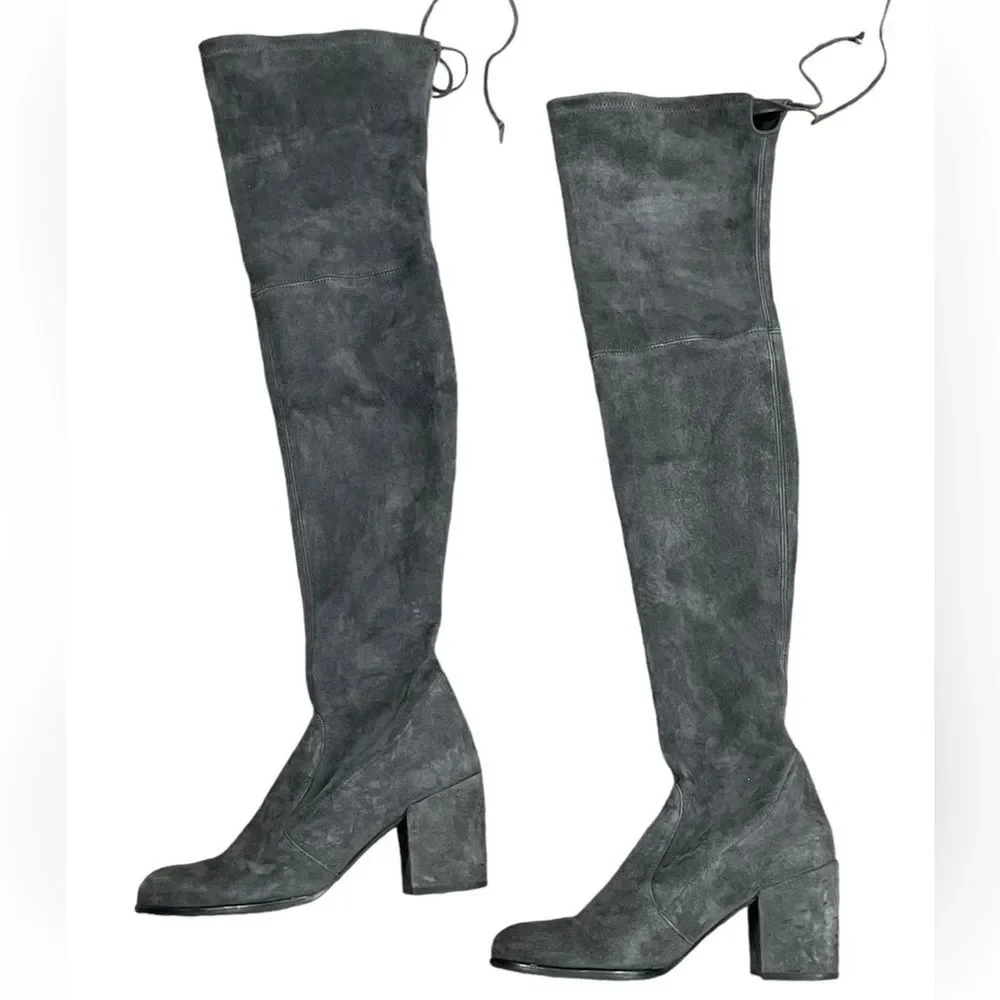 Stuart Weitzman Gray Suede Over-the-Knee Boots Sz‎ 7 Almond Toe Block Heel Shoes